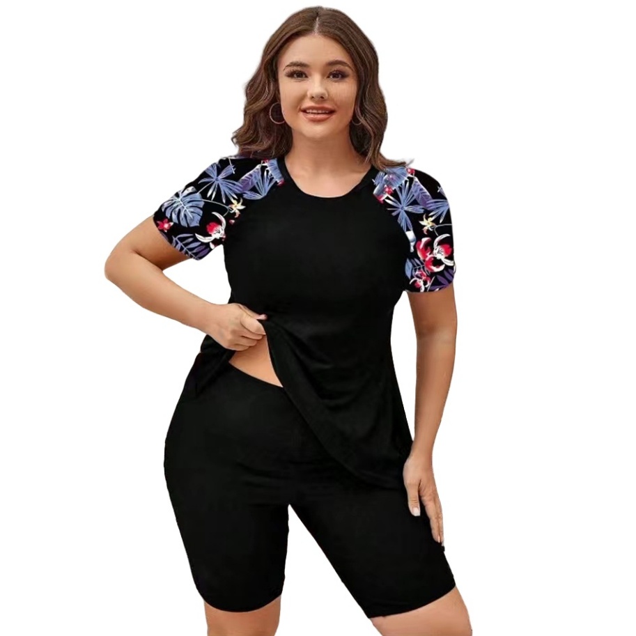 Plus Size Floral Print Two-Piece Set High Waist Surf Swimwear Sports Beachwear